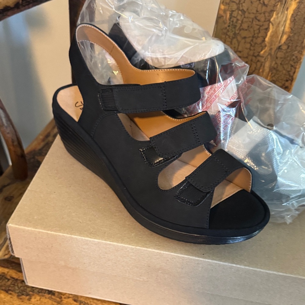 Clarks Black Wedge Sandals